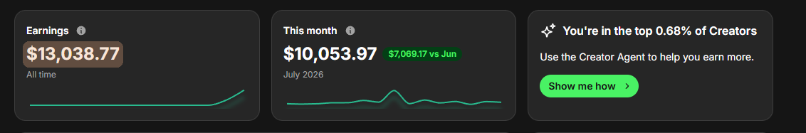 Fanvue insights: $13,038.77 all-time, top 0.68% of creators