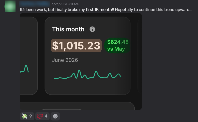 Discord win: first $1K month — $1,015.23 in June
